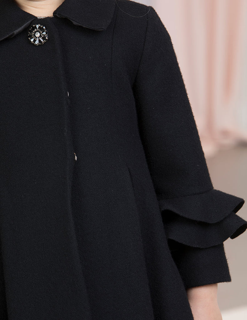 A Close Up of the Black Coat Front View Seeing the Details of the Fit and the Cut 