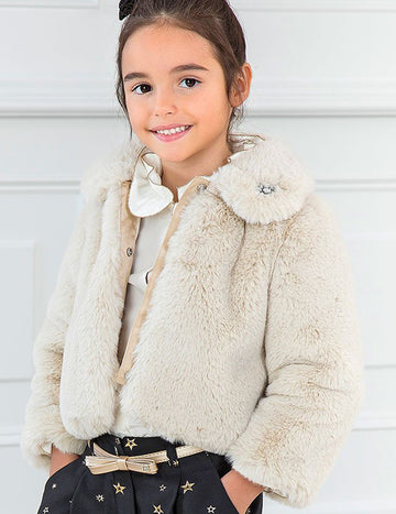 Beige Faux Furry Style Coat Waist Cut Pretty Girl Smiling with Her Hands in Her Pockets