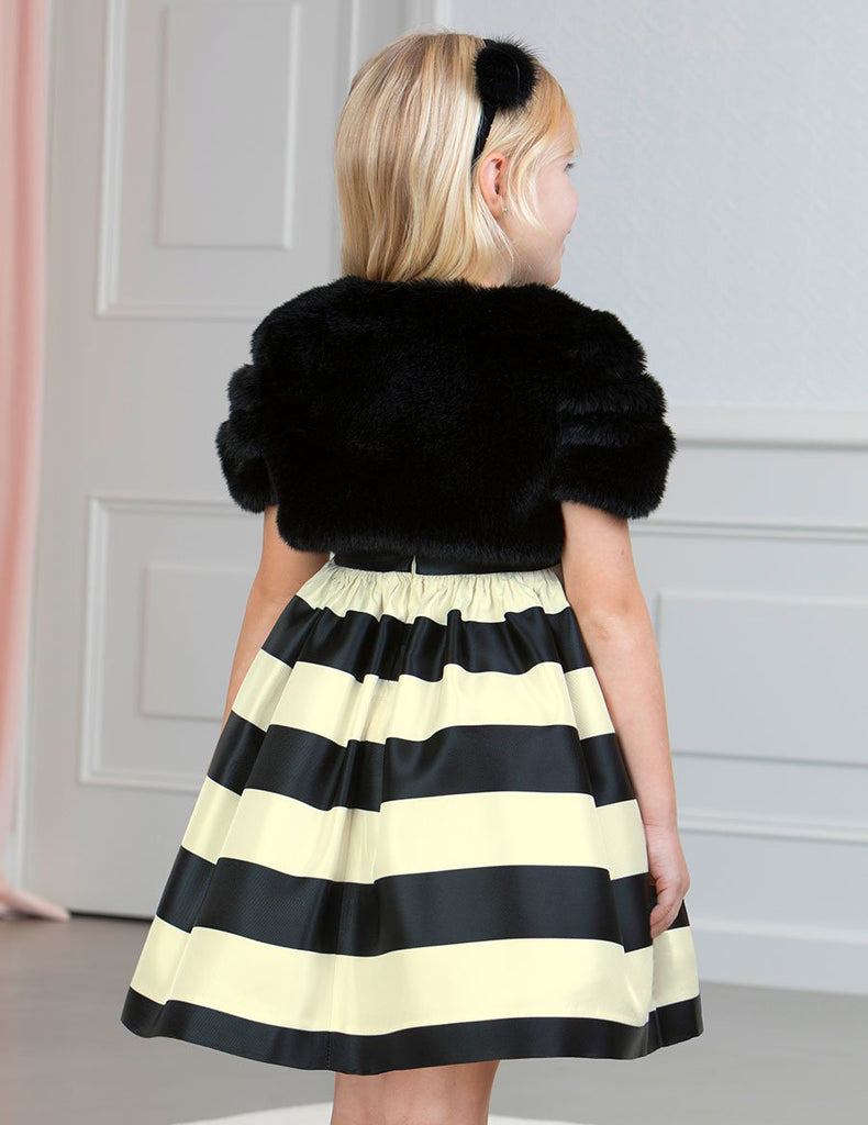 Little Girls Fur Bolero Cardigan, Black Wearing a Yellow and Black Striped Dress