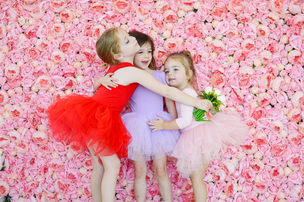 Three Girls in Tutus Red Purple and Pink Hugging in Front of Flowers