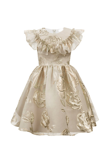 David Charles Gold Floral Frill Party Gown