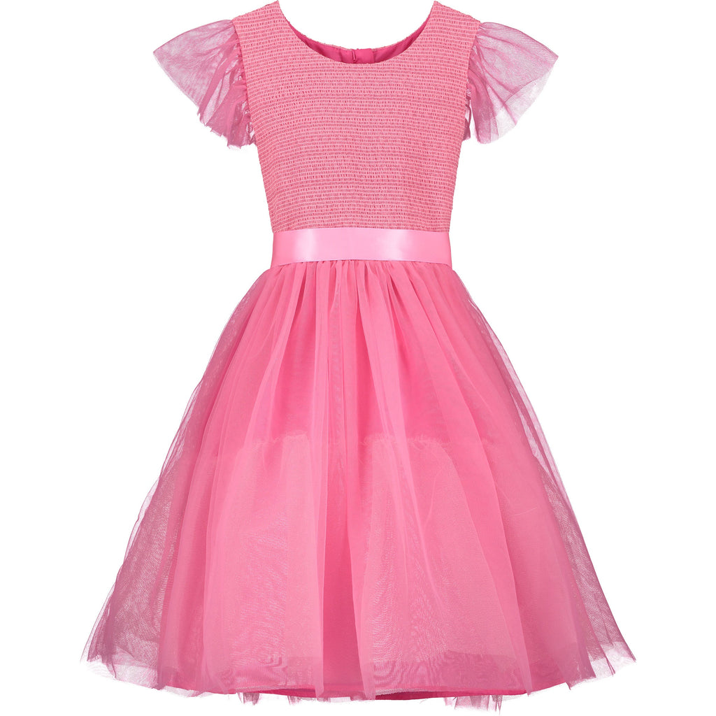 Front View of Holly hastie Confetti Candy Pink Embroided Smocked  with Tulle