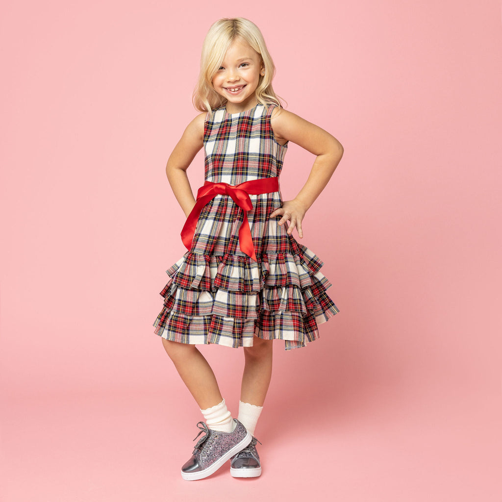 Girl Smiling Wearing Frill Plaid Tartan Girls Party Dress