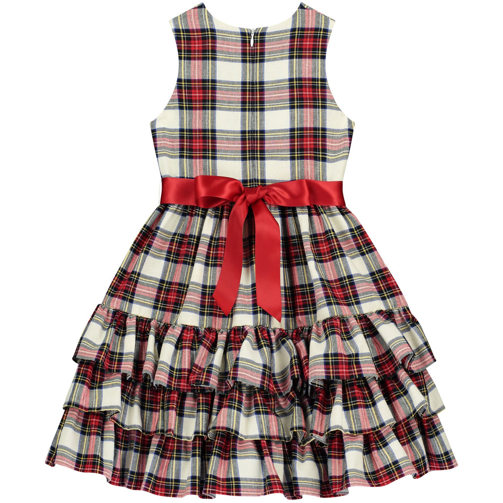 White Plaid Tartan Girls Party Dress White Background Product Photo